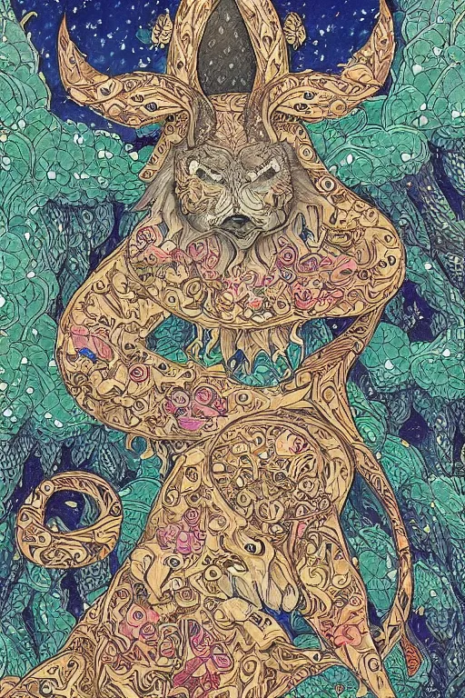 Prompt: intricate and detailed persian miniature of mythical creatures in the style of studio ghibli