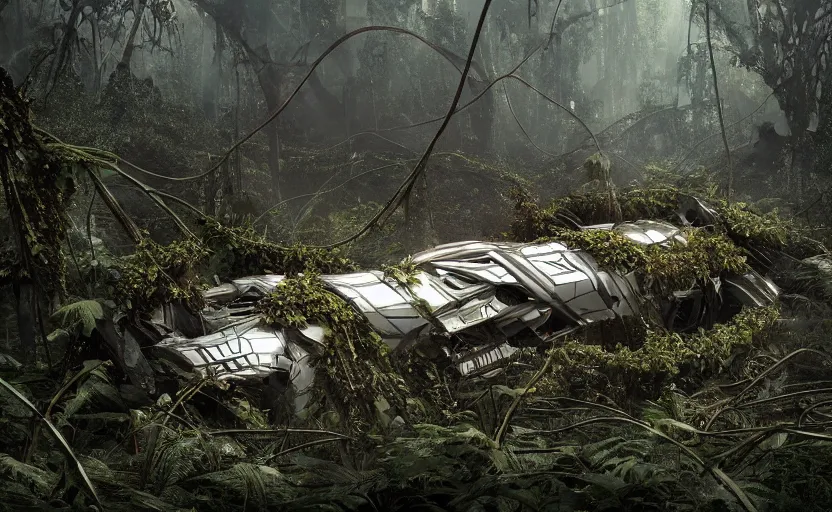 Image similar to a giant derelict metallic symmetrical spaceship crashed in a dense rainforest and broken into pieces, covered with vines, tribal people nearby, foggy atmosphere, sharp details, photorealistic, octane render, god rays, cinematic lighting, immense scale