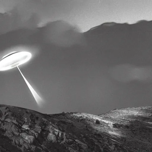 Image similar to photo of a ufo crashed into a mountain, black and white photo