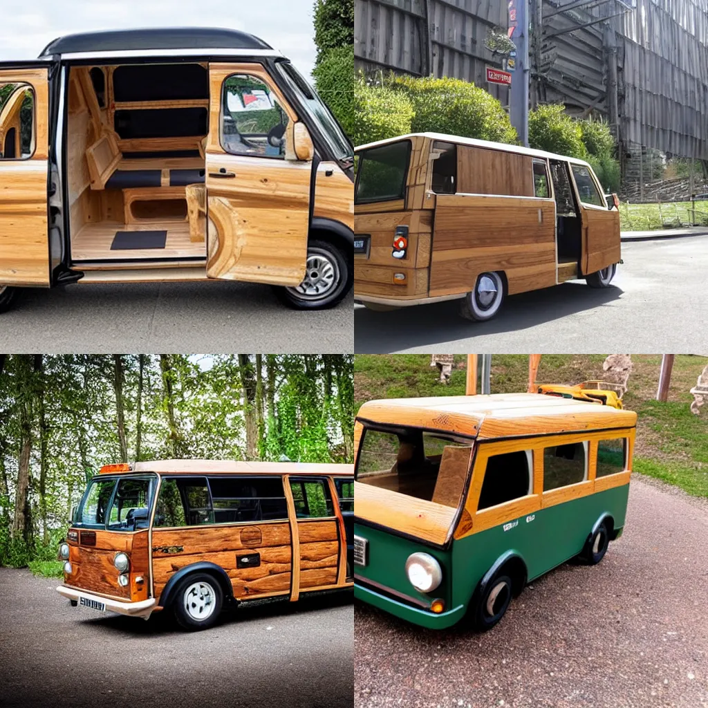 Prompt: a mini bus made from wood