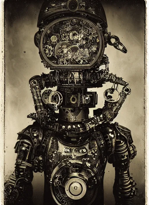 Image similar to old wetplate daguerreotype portrait of futuristic robot, dubbel negative exposure, explosion of data fragments, fractal, intricate, elegant, highly detailed, parallax, leica, medium format, subsurface scattering, by jheronimus bosch and greg rutkowski and louis jacques mande daguerre