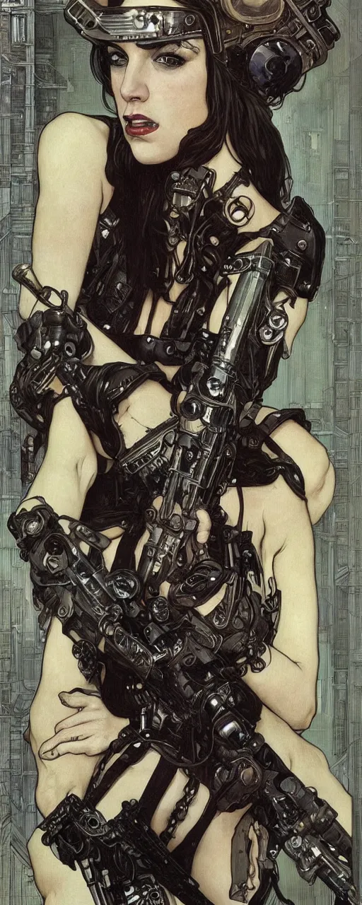 Prompt: striking sensual industrial art nouveau style portrait of cristina franco as a cyberpunk heavy metal rebel soldier by travis charest, simon bisley and alphonse mucha, photorealism, extremely hyperdetailed, perfect symmetrical facial features, perfect anatomy, ornate declotage, weapon, latex, excited expression, wild eyes