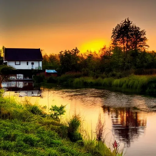 Prompt: beutiful river scenery, alongside small house,with beutiful sunset