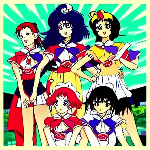 Prompt: “Sailor Scouts as a punk band, 1980s anime, Miyazaki”