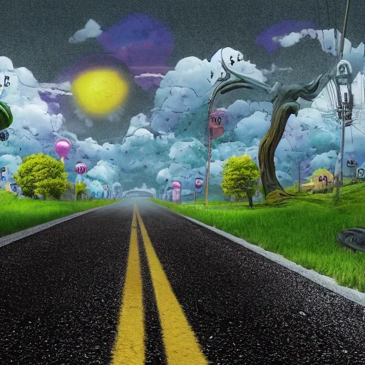 Prompt: a view of a road covered in colored rubber, digital matte painting, in the style of Tim Burton, 8k, highly detailed