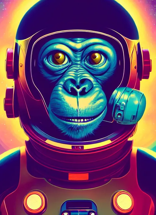 Prompt: retrofuturistic portrait of an monkey in astro suit, space graphics art in background, close up, wlop, dan mumford, artgerm, liam brazier, peter mohrbacher, 8 k, raw, featured in artstation, octane render, cinematic, elegant, intricate, 8 k, unreal engine render