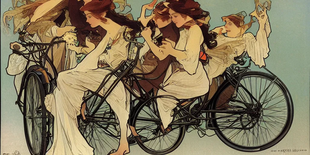 Image similar to three people share a bike, front and rear seats, lovely, by alphonse maria mucha