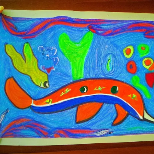 Image similar to child's crayon drawing of a dolphin in the style of mexican folk art