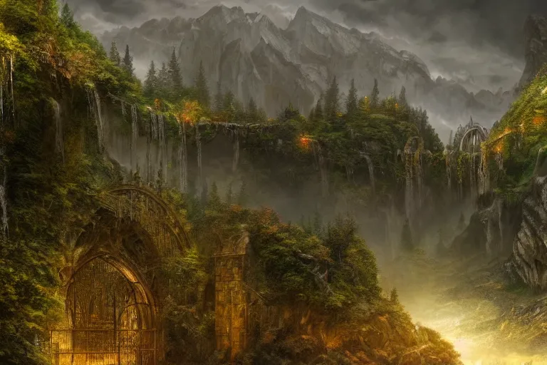 Prompt: rivendell from lord of the rings matte painting by yanick dusseault and dylan cole, artstation, 4 k, insanely detailed,