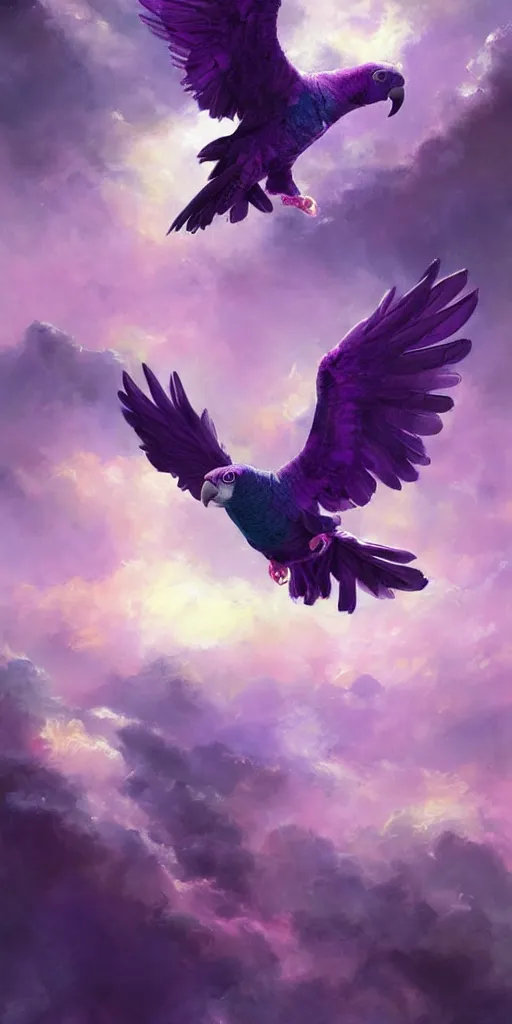 Image similar to a painting of a purple parrot flying through the sky, poster art by raymond swanland, deviantart, fantasy art, christian, deviantart, mystical