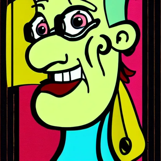 Prompt: handsome squidward as man, big smile, strong chin, handsome, pop art style