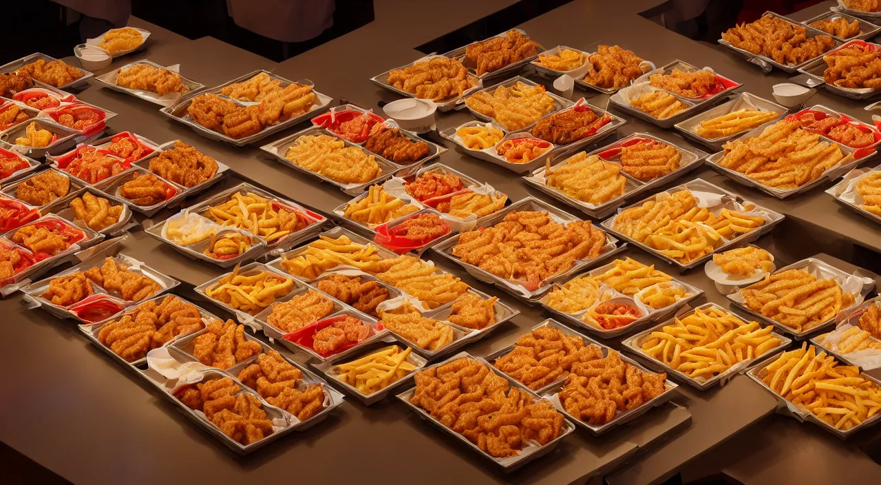 Image similar to high quality photo of mounds of fast food arranged in the shape of the US map cinematic lighting 8k wide angle shallow depth of field