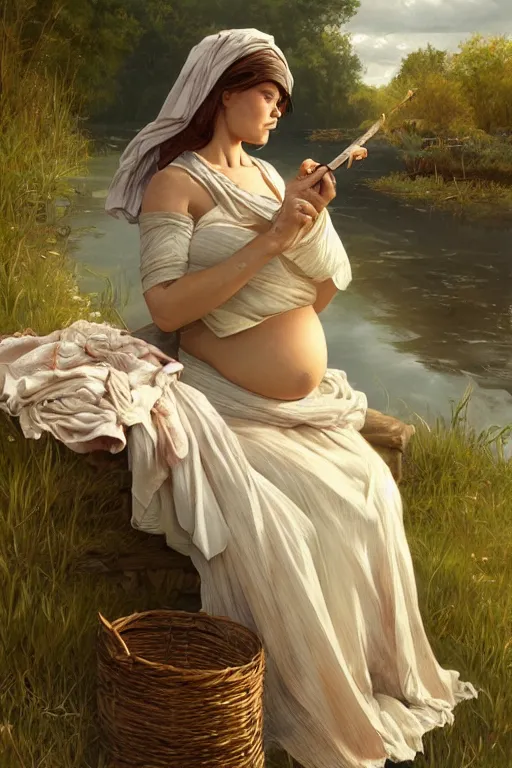 Image similar to rural pregnant woman doing laundry on river, portrait, elegant, intricate, digital painting, artstation, concept art, smooth, sharp focus, illustration, art by artgerm and greg rutkowski and alphonse mucha