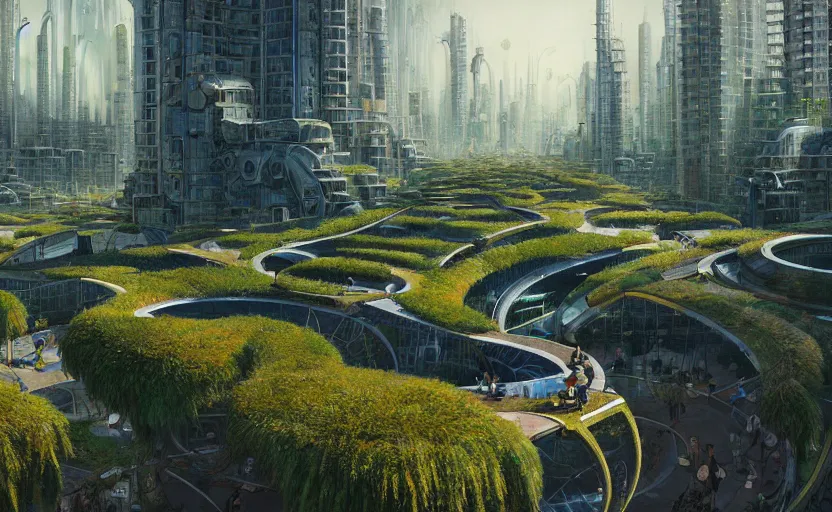 Prompt: solarpunk city with lush park in the center, walkable pathways, rooftop solar panels, cylindrical metropolis, highly detailed, digital painting, artstation, concept art, smooth, sharp focus, illustration, art by wlop, mars ravelo and greg rutkowski