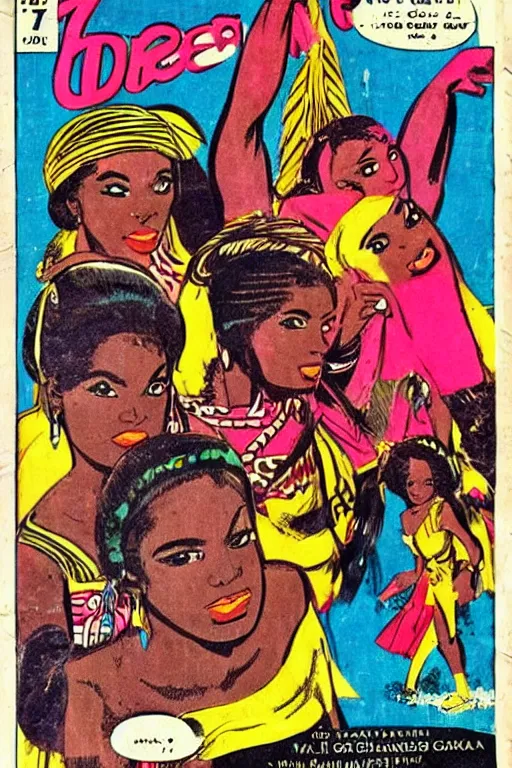 Image similar to !dream native african girls drawn by Jack Kirby, vintage 70s comic cover