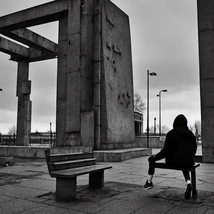 Prompt: storyboard : sadie sink in hoodie sat down on bench in ruined square, pedestrians walk by, old soviet monument nearby. scifi cyberpunk. by gabriel hardman. cinematic atmosphere, detailed and intricate, perfect anatomy