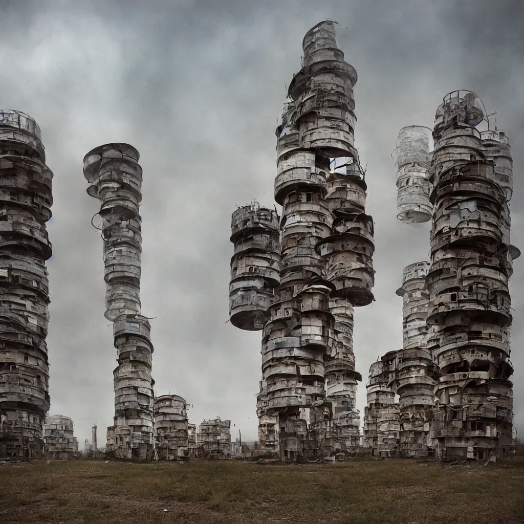 Prompt: circular towers, made up of makeshift squatter housing with faded colours, apocalyptic sky, misty, dystopia, mamiya rb 6 7, fully frontal view, ultra sharp, very detailed, photographed by julie blackmon