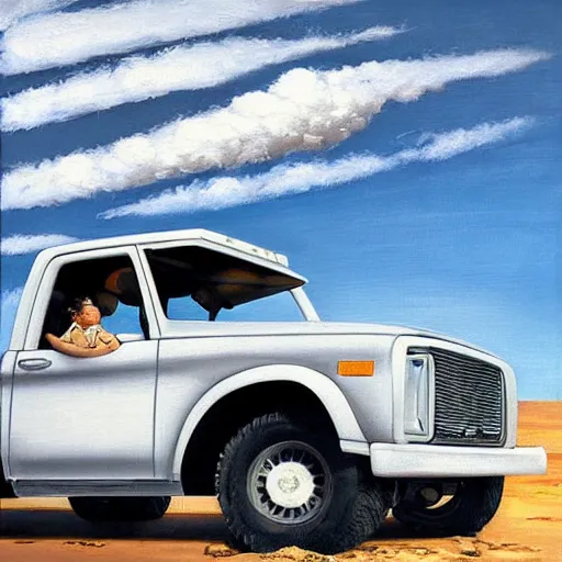 Prompt: “a gray and white striped cat, the cat sits on the hood of a white truck from the 1980s in the desert in Albuquerque New Mexico, desert mesas and cumulonimbus clouds in the background at sunset, saguaro cacti, realistic oil painting by mark maggiori, Norman Rockwell, Salvador Dali, Joel Rea”