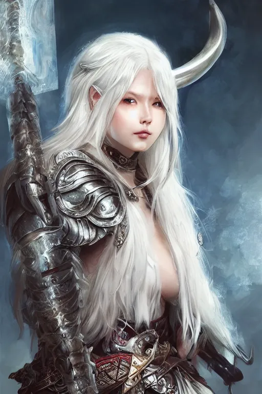 Image similar to A realistic anime portrait of a beautiful white haired female barbarian wearing an intricate viking armor, digital painting, by Stanley Artgerm Lau, Sakimichan, WLOP and Rossdraws, digital painting, painterly, Pixiv, Deviantart, golden ratio, rule of thirds, good composition, HD, 8k, award winning, promo art, splash art, rpg, jrpg, dungeons and dragons, DND, trending on ArtStation