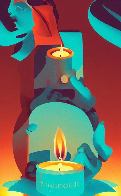 Image similar to illustration with beautiful scented candles, close - up photo in cozy interior, candle lighting, shadow play, light refraction, mirror, glowing, an art deco painting by tom whalen, trending on behance, art deco, digital illustration, storybook illustration, grainy texture, flat shading, vector art, airbrush, pastel, watercolor, poster