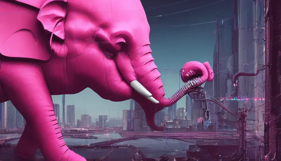 Prompt: a antropomorphic pink elephant playing a giantic analogic synthsizer with a lot of button potenciometers and iron cables, futuristic, cyberpunk, biomechanical, xenomorphic, photorealistic, ultra detailed, 4 k, chomatic aberration, dof