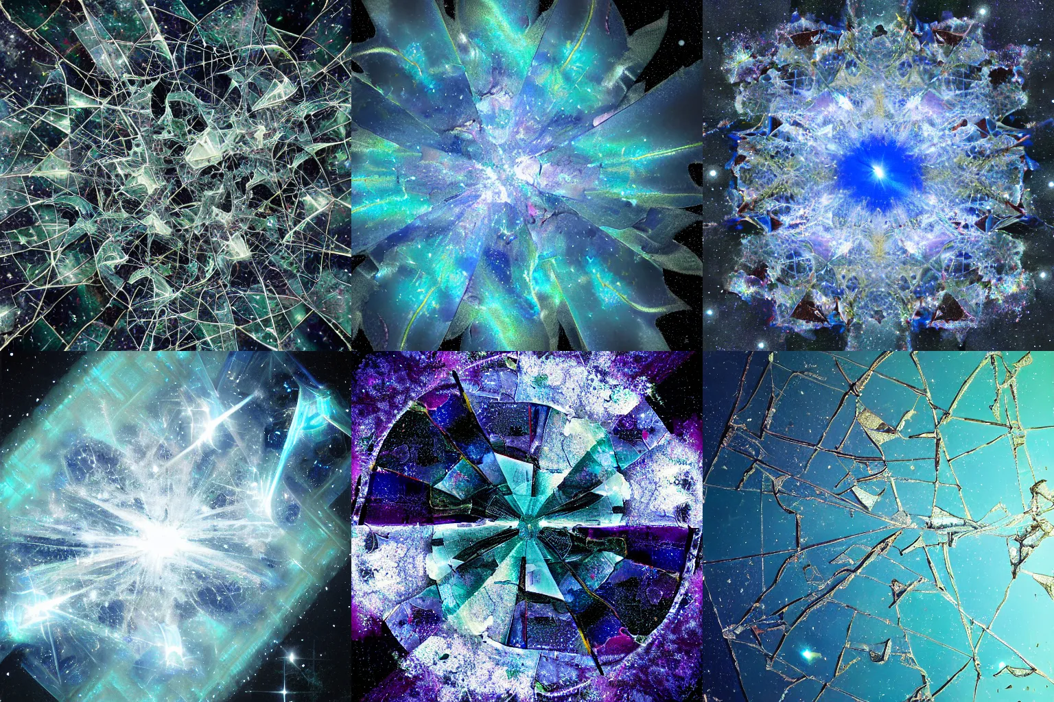 Prompt: broken glass shards, space nebulae, irregular, non-symmetrical fractals