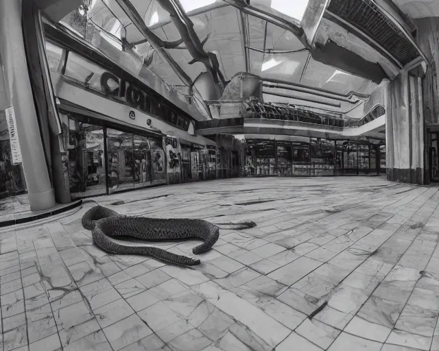 Prompt: camera footage of a giant Python in an abandoned shopping mall, high exposure, dark, monochrome, camera, grainy, CCTV, security camera footage, timestamp, zoomed in, fish-eye lense, snake,