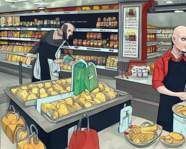 Image similar to Voldemort working in Sainsbury wearing an apron at the checkout counter, concept art, artstation