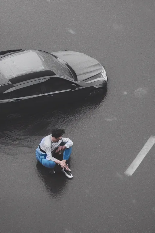 Image similar to Photo of a man sitting on the car roof in the heavy in front of the city that sank, raining, flood, hyper realistic, outdoor lighting, dynamic lighting, volumetric, wide angle, anamorphic lens, go pro, 4k