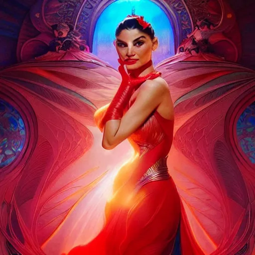 Image similar to pia wurtzbach as darna, volumetric lights, red and cyan theme, art nouveau botanicals, intricate, highly detailed, digital painting, artstation, concept art, smooth, sharp focus, cinematic, illustration, beautiful face, art by artgerm and greg rutkowski and alphonse mucha