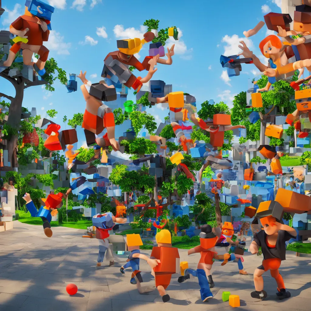 Image similar to highly detailed 3d render of playful kids interacting with roblox figures outside in the sun, box shapes floating all over, bright colors, octane render, insane quality, 8k, 4k, trending, artstation