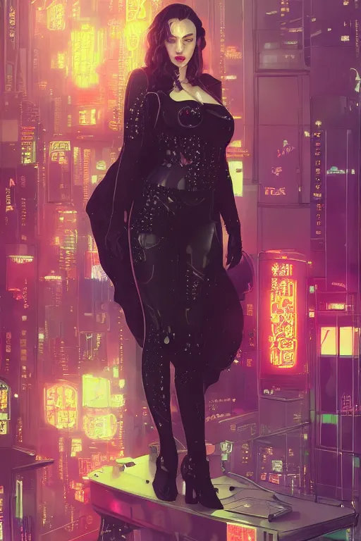 Image similar to portrait futuristic Kat Dennings, in future cyberpunk tokyo rooftop , sci-fi, fantasy, intricate, very very beautiful, elegant, neon light, highly detailed, digital painting, artstation, concept art, smooth, sharp focus, illustration, art by tian zi and WLOP and alphonse mucha