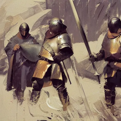 Prompt: portrait of two men wearing gambeson and medieval helmets, fighting, duelling, clashing swords, detailed by greg manchess, craig mullins, bernie fuchs, walter everett