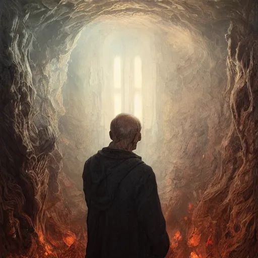 Image similar to distant shot from above painting of an old man in sorrow, staring at the underworld, ultra realistic, concept art, intricate details, eerie, highly detailed, flames, photorealistic, octane render, 8 k, unreal engine. art by artgerm and greg rutkowski and alphonse mucha