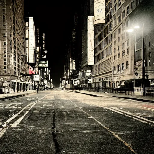 Image similar to color photograph, highly detailed abandoned New York city street at night after the war between humans and AIs, film grain, soft vignette, sigma 85mm f/1.4 1/10 sec shutter, film still promotional image, IMAX 70mm footage