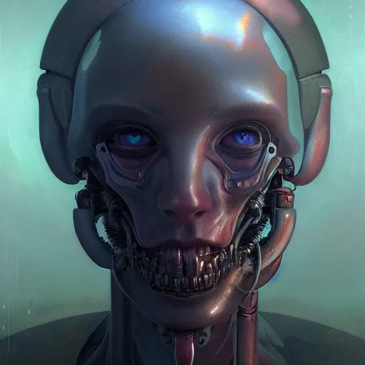 Prompt: horror digital concept art portrait of a high - tech cyborg on a depth of field background, artstation, award - winning realistic sci - fi concept art by jim burns and greg rutkowski, beksinski, a realism masterpiece, expressive color palette, james gilleard, bruegel, alphonse mucha, and yoshitaka amano