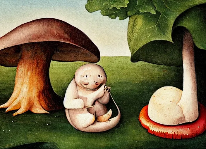 Image similar to a painting of a cute creature sitting next to a mushroom, detailed, realistic, in style of hieronymus bosch