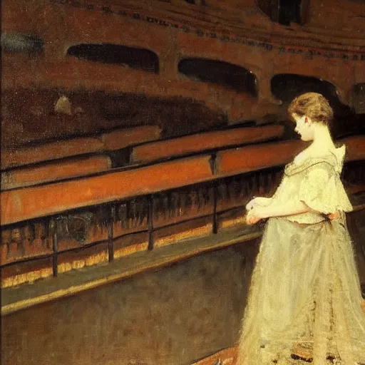 Image similar to a young man watching an actress on stage in an old theater, by alfred stevens