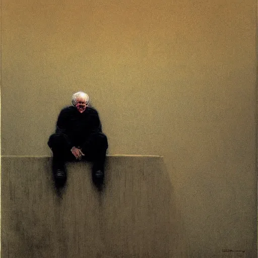 Prompt: a coherent award - winning beautiful!!! portrait of a calm bernie sanders!, sitting on curious temple stairs, painted by zdzislaw beksinski