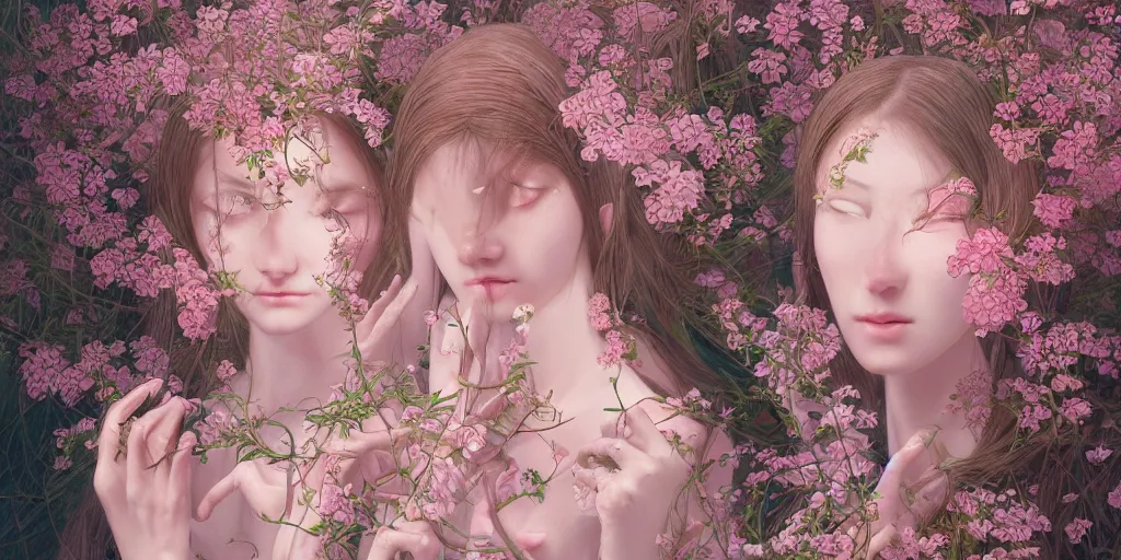 Image similar to breathtaking detailed weird concept art painting of few goddesses of light pink flowers, orthodox saint, with anxious, piercing eyes, ornate background, amalgamation of leaves and flowers, by Hsiao-Ron Cheng, extremely moody lighting, 8K