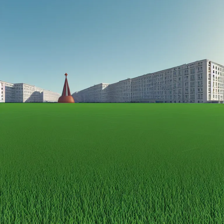 Prompt: One-point perspective in the center. Two infinitely long soviet five-story panel buildings. A perfect green lawn in the center of the frame. High detail, details, ultra realistic render, octane, 3D, photorealism, symmetric, cloudless-crear-sky, cinematic