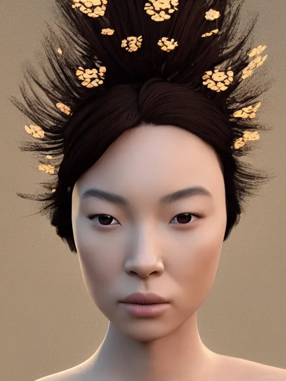 Prompt: 3d render Portrait of a woman, Chinese-French mixed race, one quarter French, three quarters Chinese minority, subtropical ethnicity, ivory skin, dark brown long hair, dark brown eyes, wearing fantasy costume,intricate, elegant, highly detailed, dim volumetric lighting, abstract, 8k,octane,post-processing,digital painting, trending on artstation, concept art, smooth, sharp focus, by greg rutkowski and alphonse mucha