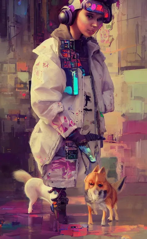 Prompt: beautiful portrait painting of lofi cyberpunk graffiti cute teenage princess and her corgi, by Sergey Kolesov, Martine Johanna, Jake Parker. Trending on Artstation, 8k, masterpiece, graffiti paint, dishonored, fine detail, full of color, intricate detail