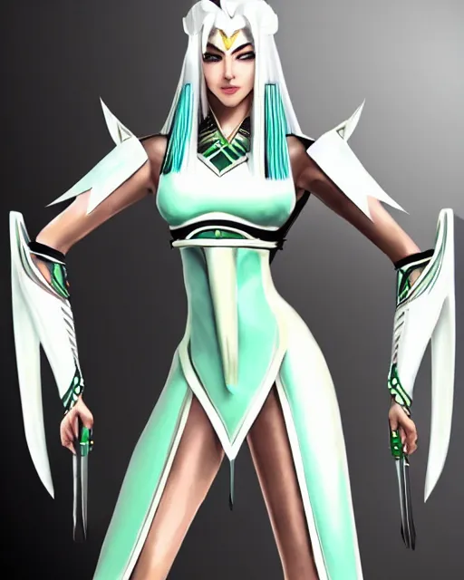 Image similar to perfect white haired attractive egyptian goddess warframe armor beautiful symmetric dreamy half asian pretty face green eyes