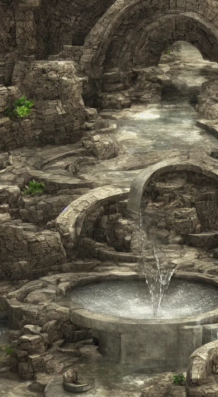 Prompt: a stream of water entering into a machine made from amphoras and producing a large coin, in the style of a futuristic fountain, architectural 3 d render, isometric, engineering, dynamic lighting, clay texture, 8 k