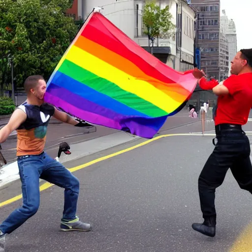 Prompt: two gay men fighting over a rainbow flag in a major city street, in the style of adamtots