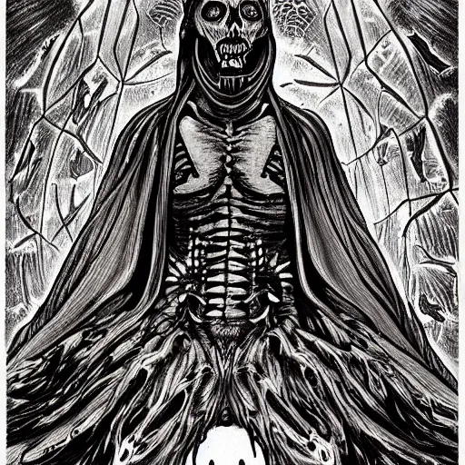 Image similar to haloween lovecraftian manson interior epic, drawn by pete amachree