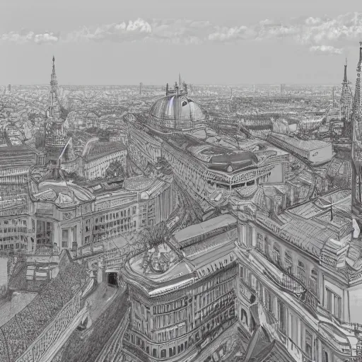 Image similar to Pencil drawing, Vienna skyline, octane render, highly detailed