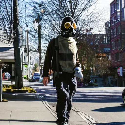 Prompt: man in a gasmask screaming walking down the streets of seattle, sunlight, sunny day, full shot