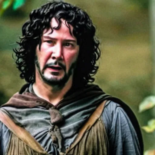 Prompt: keanu reeves as frodo baggins, still image from lord of the rings